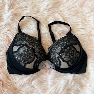 Vintage Victoria Secret 32B Black lace push-up bombshell Bra